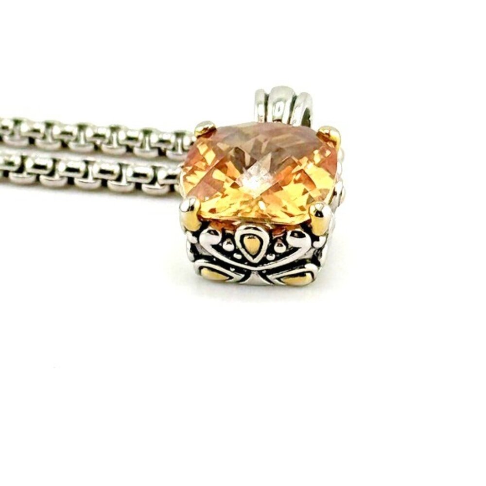 Facet Cut 20 Carat Citrine Color CZ Silver Tone Filigree Pendant Necklace - Picture 6 of 9